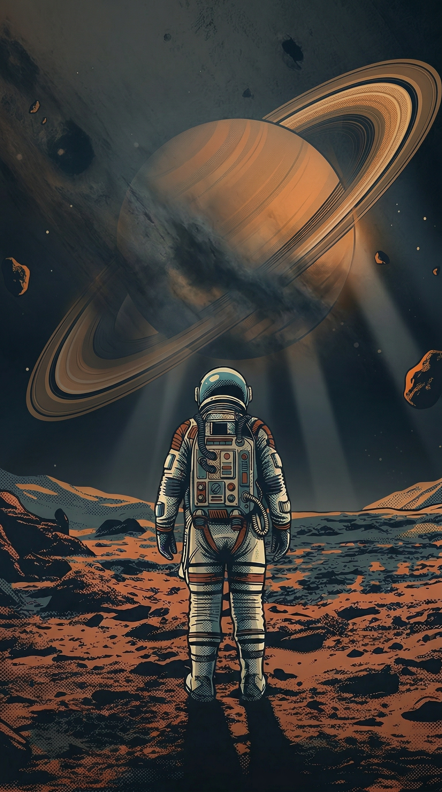 Astronaute contemplant une planète cerclée d'anneaux depuis un sol rocheux baigné de rais de lumière.